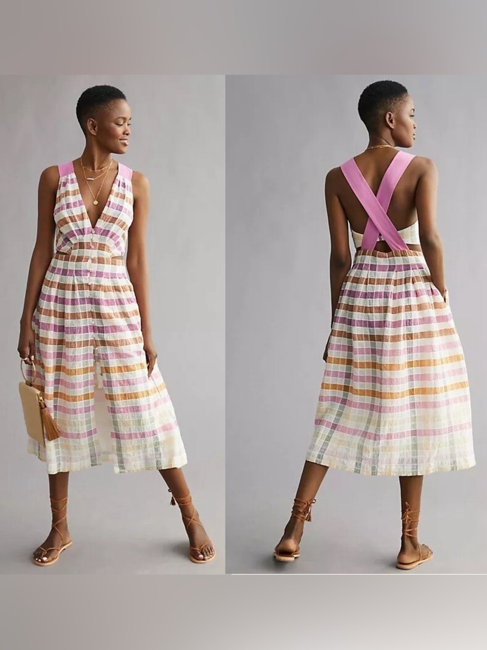 Maeve Ombré Plaid Pink & Cream Cross-Back Midi Dress